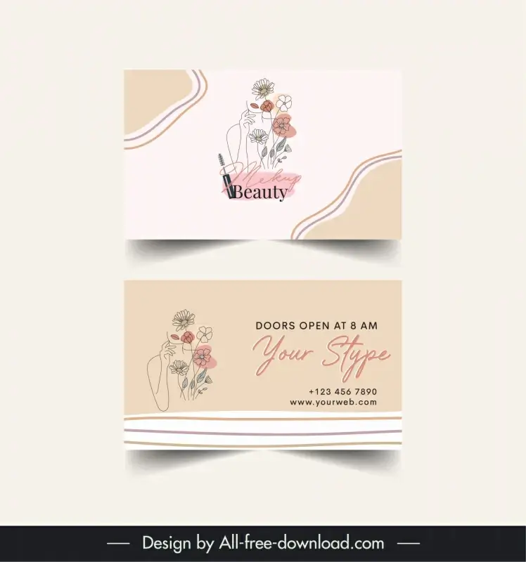 makeup beauty studio business card template flat handdrawn lady flowers