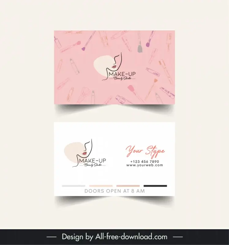 makeup beauty studio business card template handdrawn lady face beauty tools