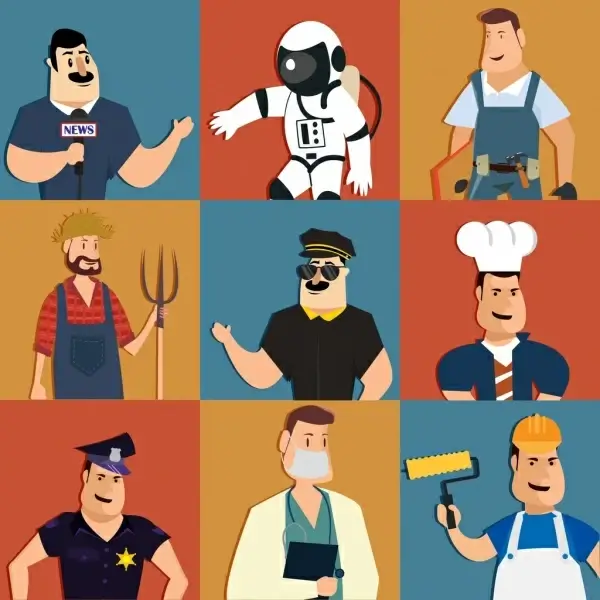 male profession icons collection colored cartoon characters