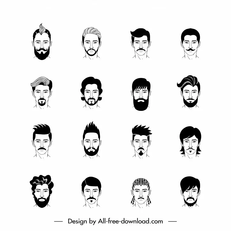Man hairstyle icon sets flat black white handdrawn faces sketch Vectors  graphic art designs in editable .ai .eps .svg .cdr format free and easy  download unlimit id:6924808