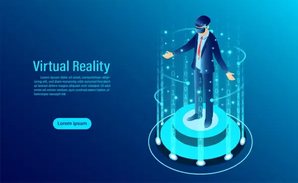 man wearing goggle vr with touching interface into virtual reality world future technology flat isometric vector illustration