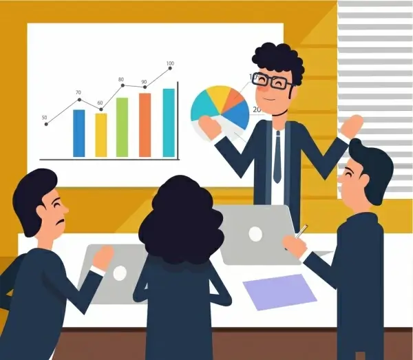 Manager work background colleagues meeting icons cartoon characters Vectors  graphic art designs in editable .ai .eps .svg .cdr format free and easy  download unlimit id:6836720