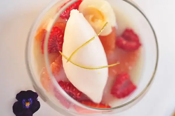 marco polo tea blanc manger with red berries lychee and pomelo