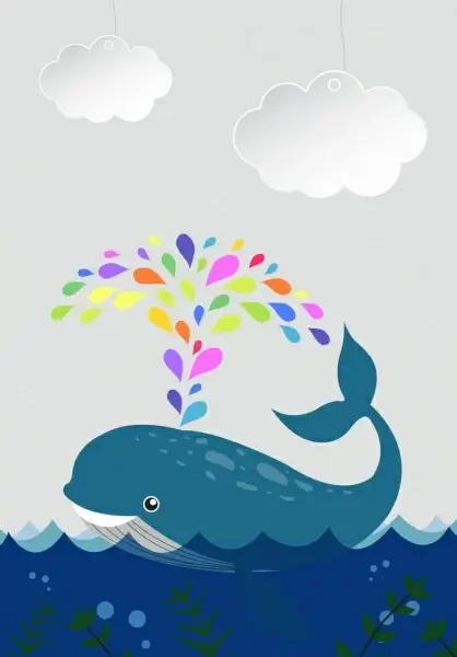 marine background whale icon decor paper cut style
