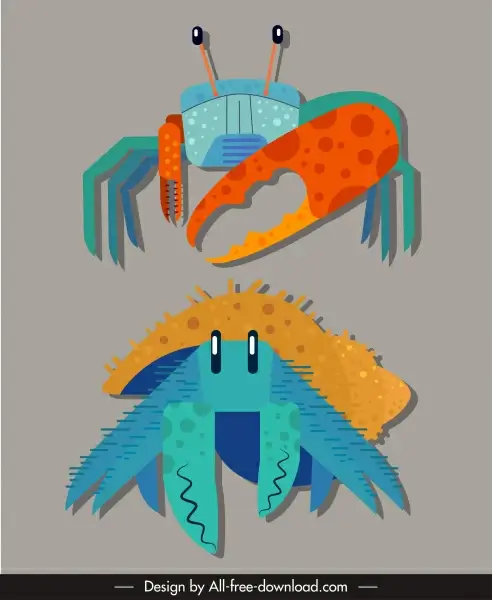 marine crab icons colorful closeup flat sketch