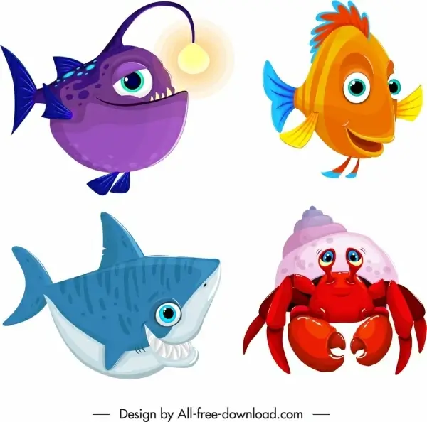 Marine creature icons cute cartoon fish crab sketch Vectors graphic art  designs in editable .ai .eps .svg .cdr format free and easy download  unlimit id:6840999