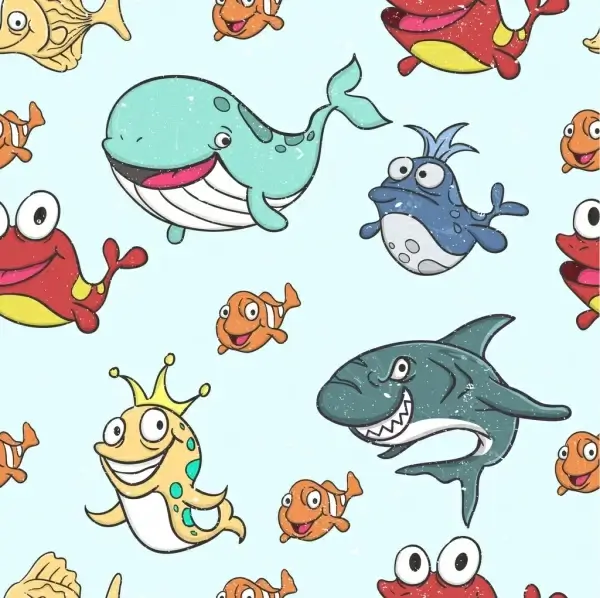 marine creatures background colored stylized cartoon icons