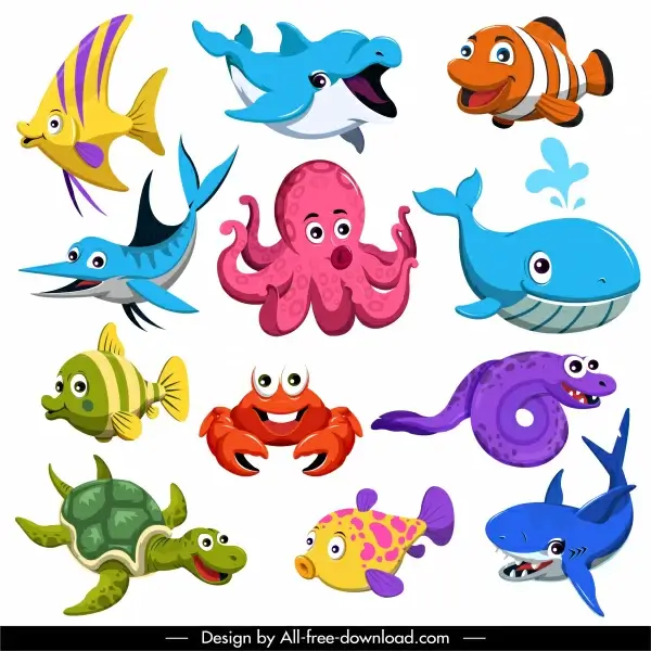 marine creatures icons cute colored cartoon sketch