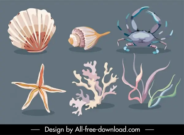 marine design elements classical sea animals plant sketch