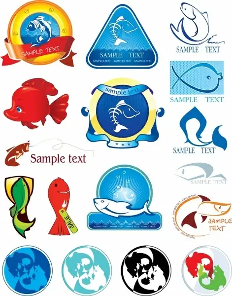marine logotypes collection fish icons sketch colored shapes