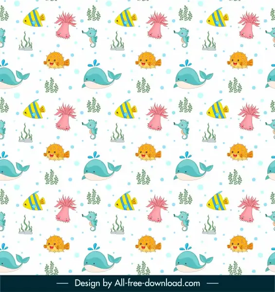 marine elements pattern colorful flat repeating sketch