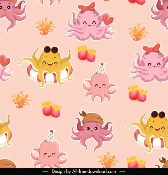 marine elements pattern cute stylized octopus sketch