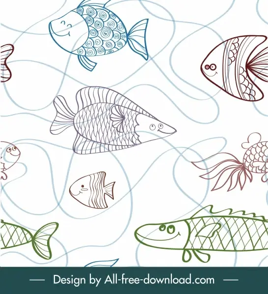 marine fishes pattern flat handdrawn sketch