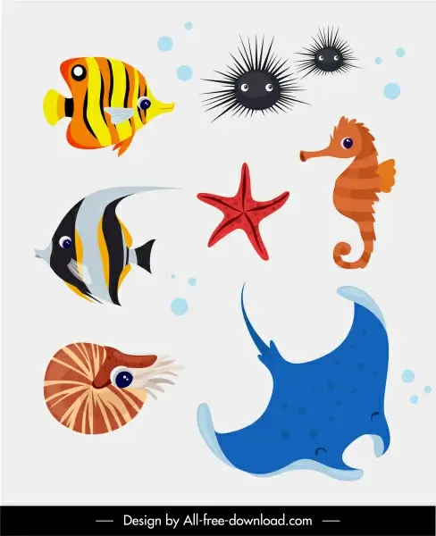 marine species icons colorful animals sketch