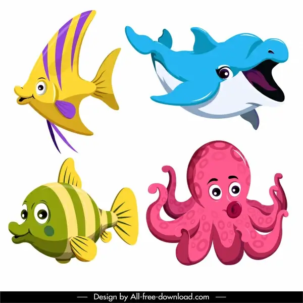 marine species icons cute cartoon fish octopus sketch