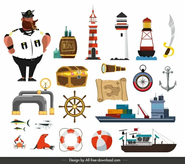 maritime design elements colorful sea symbols sketch