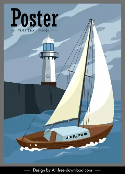 maritime poster sail boat light house sketch