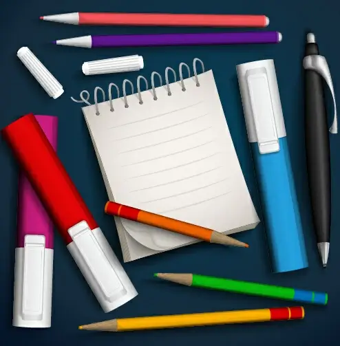 marker pencils pen and notebook vector