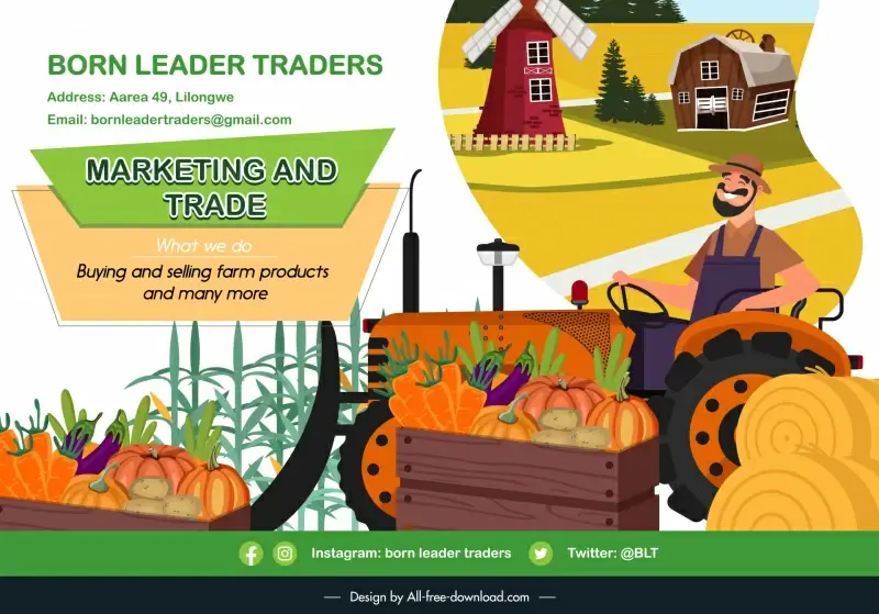 marketing and trade buying and selling farm products and many more advertising banner cartoon design rural agriculture elements sketch