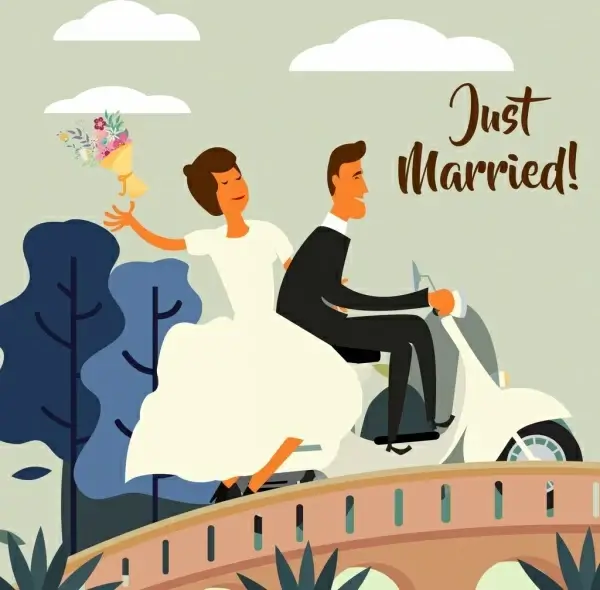 marriage background bridge groom motorbike icons colored cartoon
