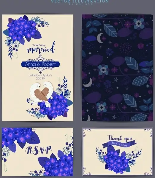 marriage card template purple flowers icons nature decor