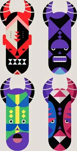 masks icons collection colorful classical design horror decor