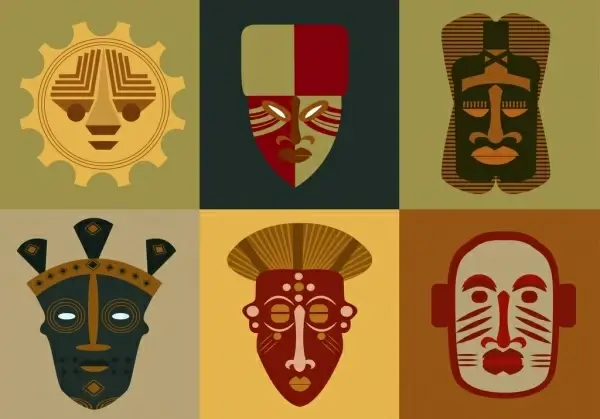masks icons collection tribal flat isolation