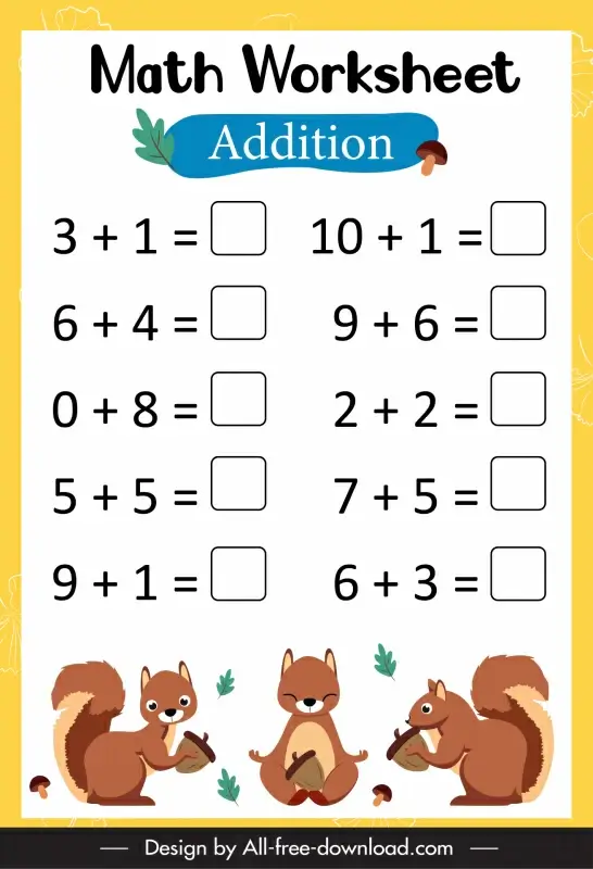math worksheet for kids template addition math autumn elements sketch