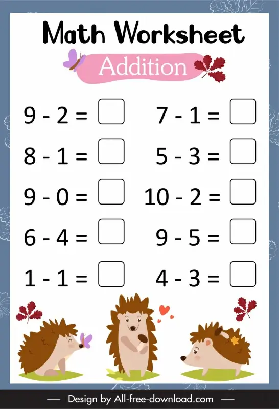 math worksheet for kids template addition mathematic formulas sketch cute nature elements decor