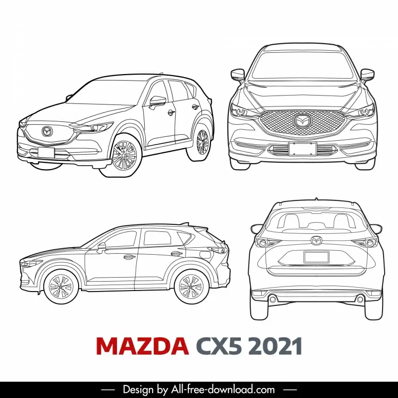 mazda cx5 2021 car model icon  black white different views outline  