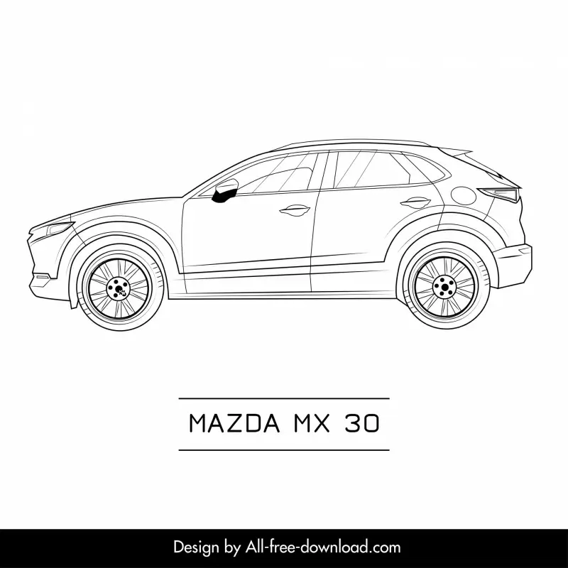 mazda mx 30 car model icon flat black white handdrawn side view outline