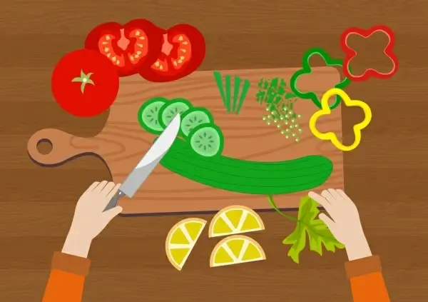meal preparation background vegetables cutting knife icons