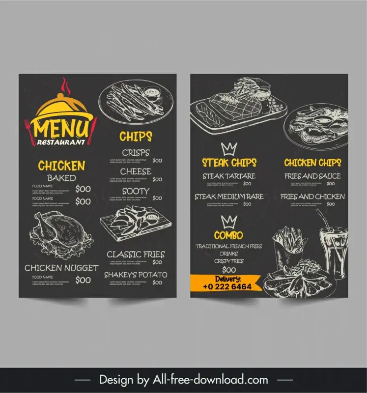 meat and chips restaurant menu template classic dark flat handdrawn 