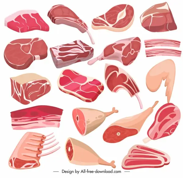 meat food icons colored 3d sketch