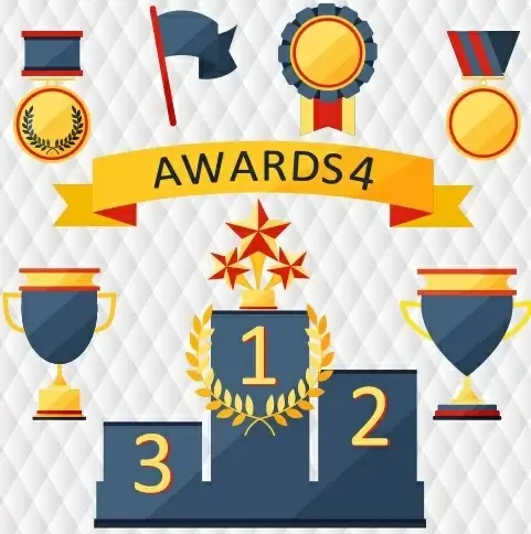 medals with cup and awards elements vector set
