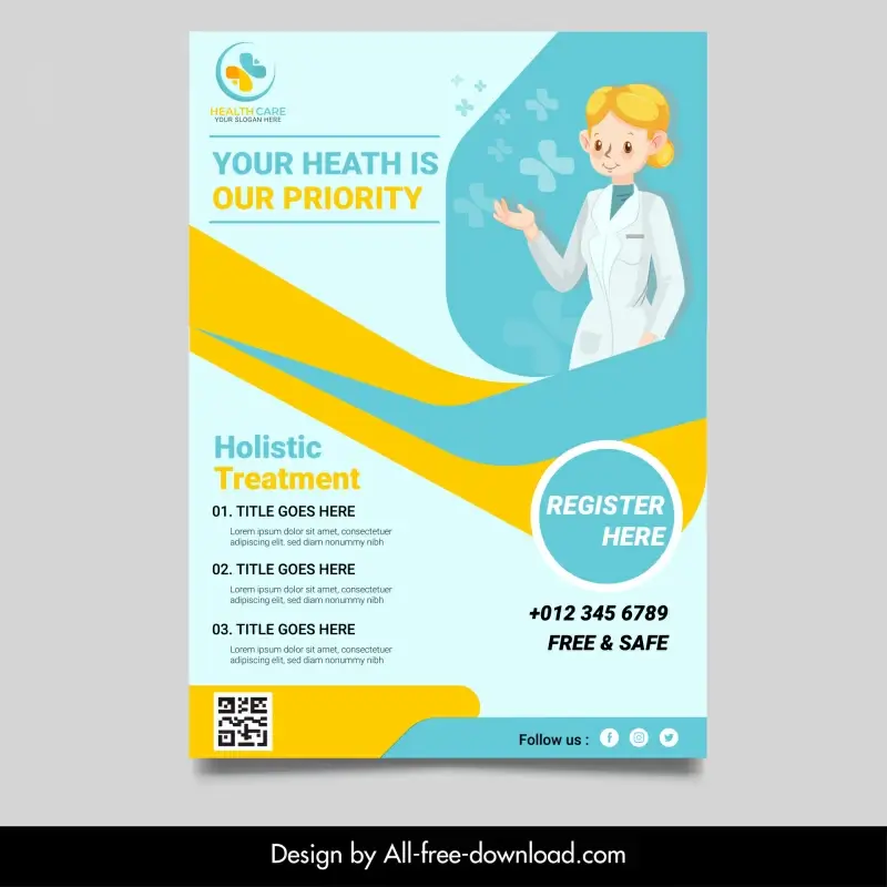 medical service flyer template cute female doctor cartoon design 