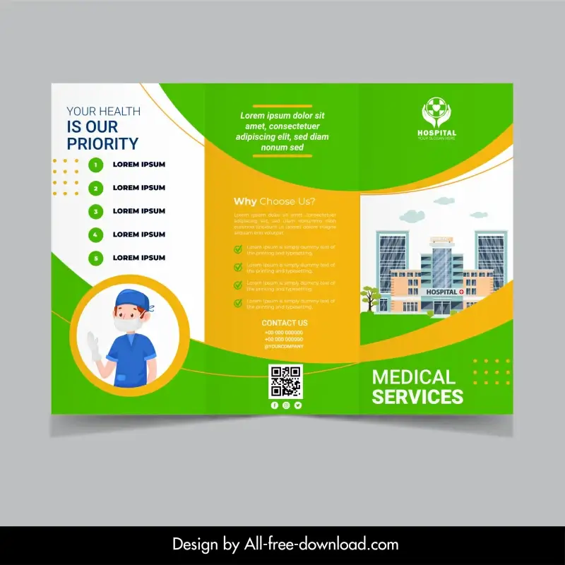medical services brochure template trifold design surgeon hospital architecture sketch 