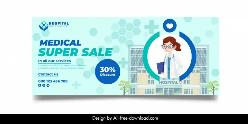 medical services sale banner template cute cartoon design doctor building sketch