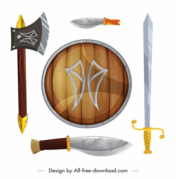 medieval weapon icons shield sword knife ax sketch