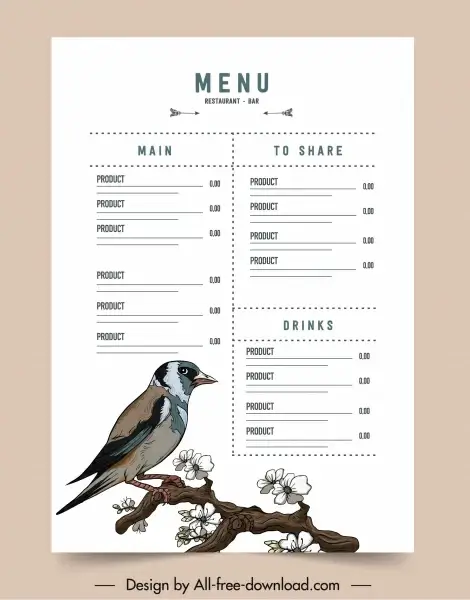 menu template bright design elegant bird flora decor