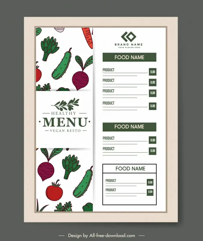 menu vegetarian restaurant template classic handdrawn repeating vegetables sketch