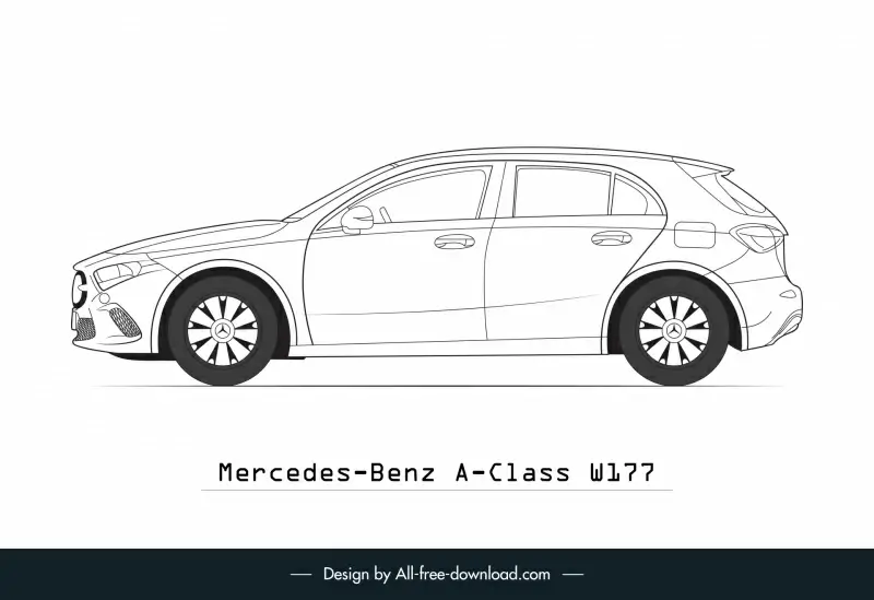 mercedes benz a class w177 car model advertising template flat black white handdrawn side view outline 