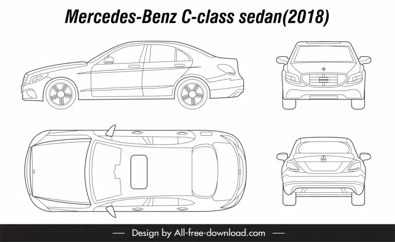 mercedes benz c class sedan 2018 advertising banner different views sketch flat handdrawn outline 