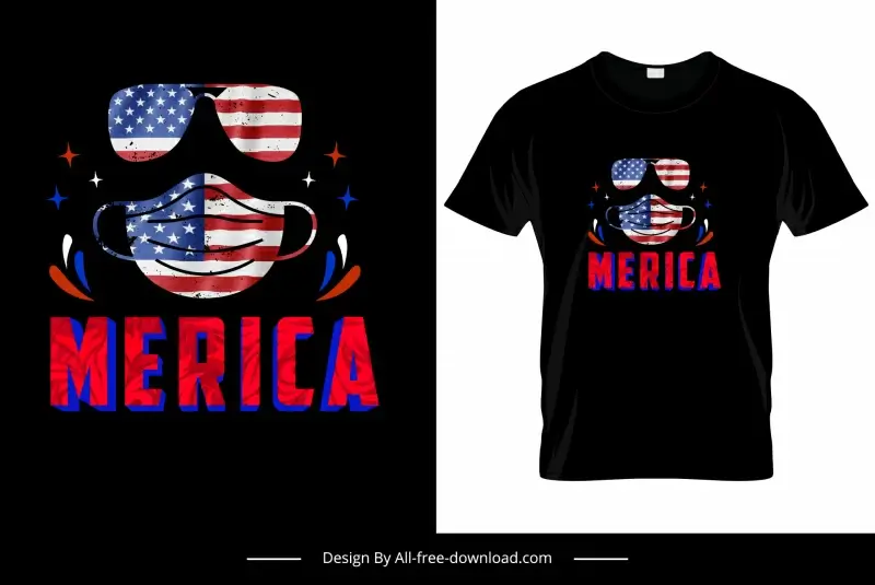 merica typographic tshirt template usa flag elements sunglasses mask sketch 