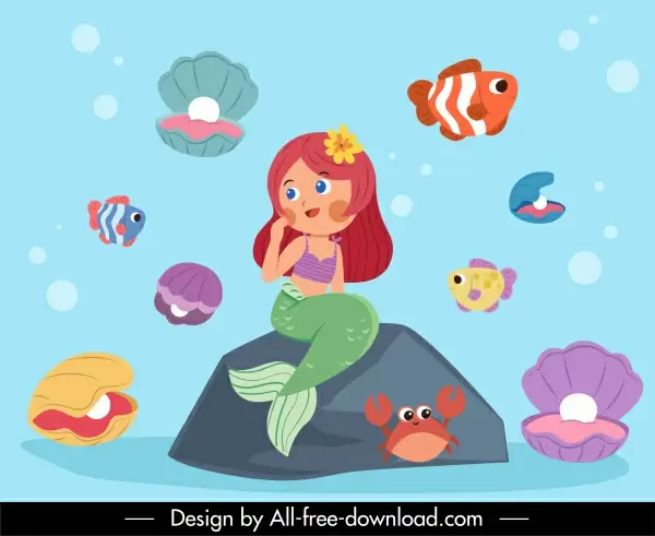 mermaid background colorful cartoon sketch marine species decor