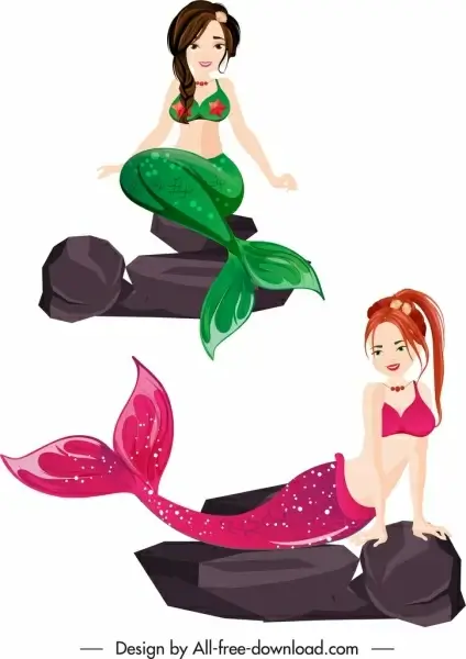 mermaid icons colored young girls cartoon sketch