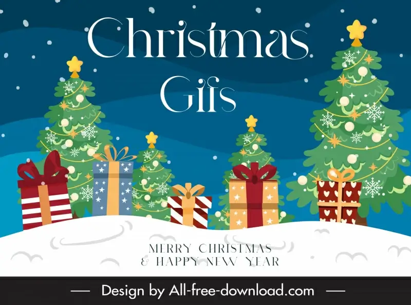 merry christmas banner template elegant present boxes fir trees outline flat design 