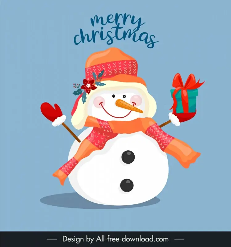 merry christmas card template cute stylized snowman with gift sketch