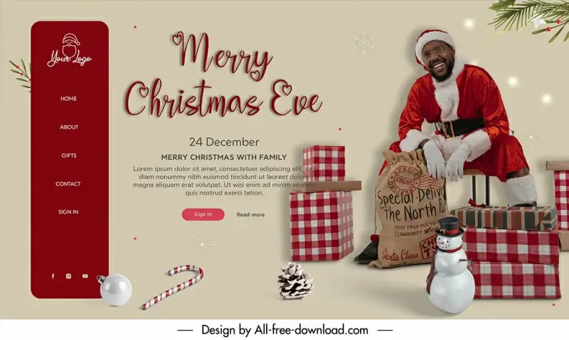 merry christmas eve landing page template happy santa claus man gifts decor 