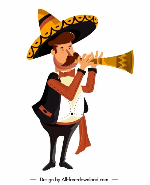 mexican man icon horn playing sketch cartoon character